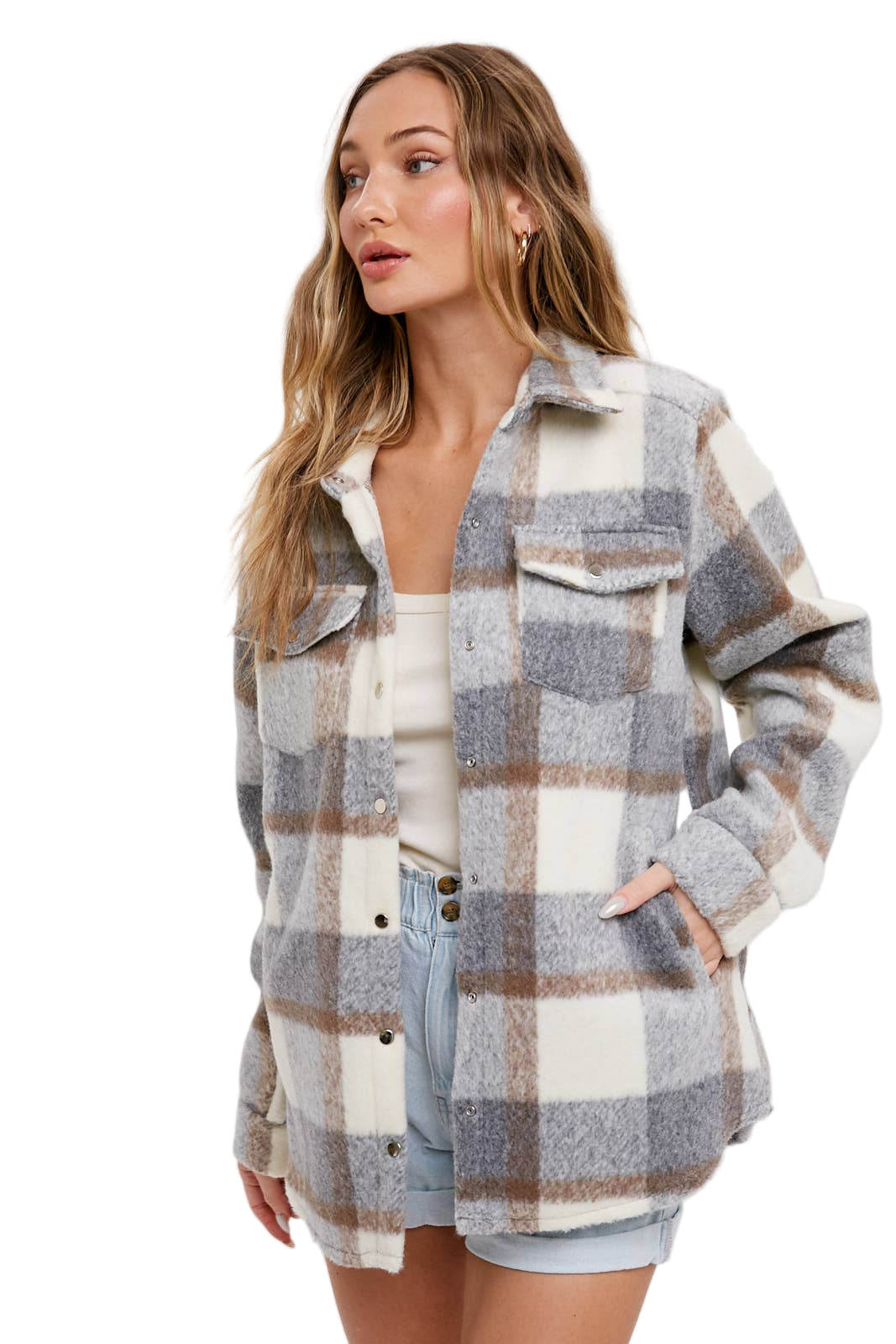 Bluivy Women's Plaid Brushed Shacket Grey