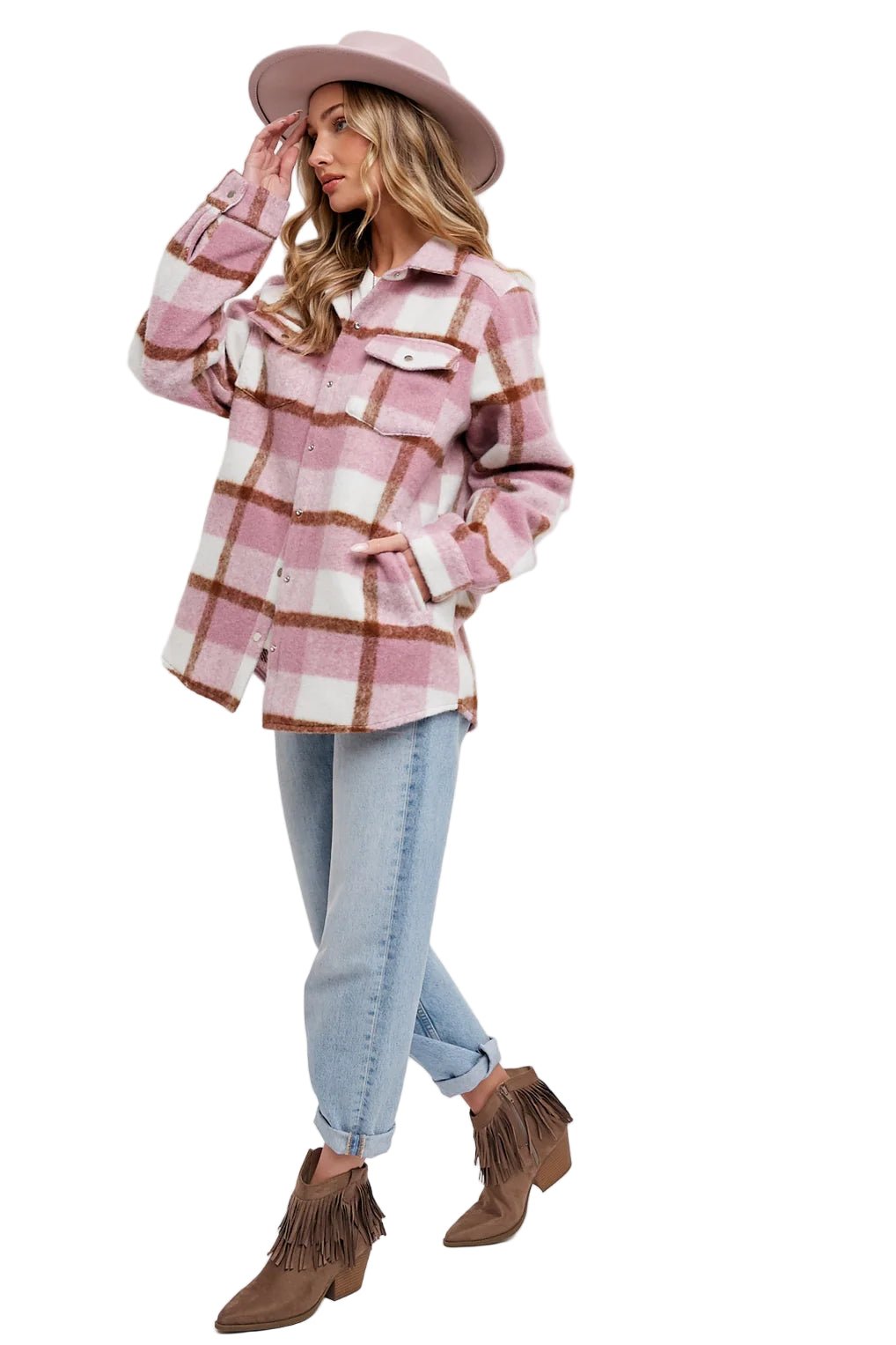 Bluivy Women's Plaid Brushed Shacket Mauve - Brekken's