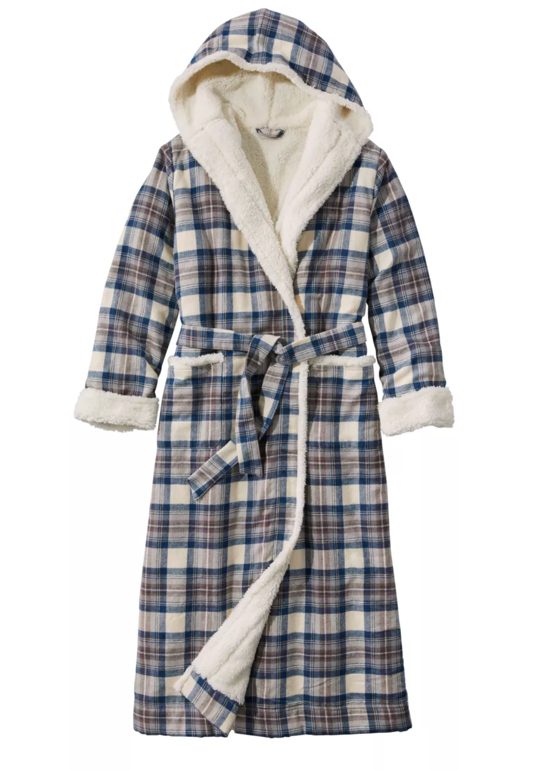L.L. Bean Scotch Plaid Flannel Sherpa Lined Long Robe Women'S Regular Indigo Tartan