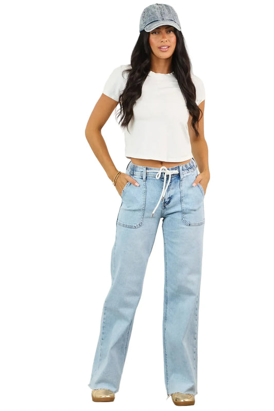 Flying Monkey Women's High Rise Drawstring Wide Leg Jeans Clearly