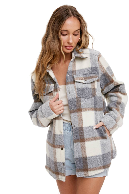 Bluivy Women's Plaid Brushed Shacket Grey