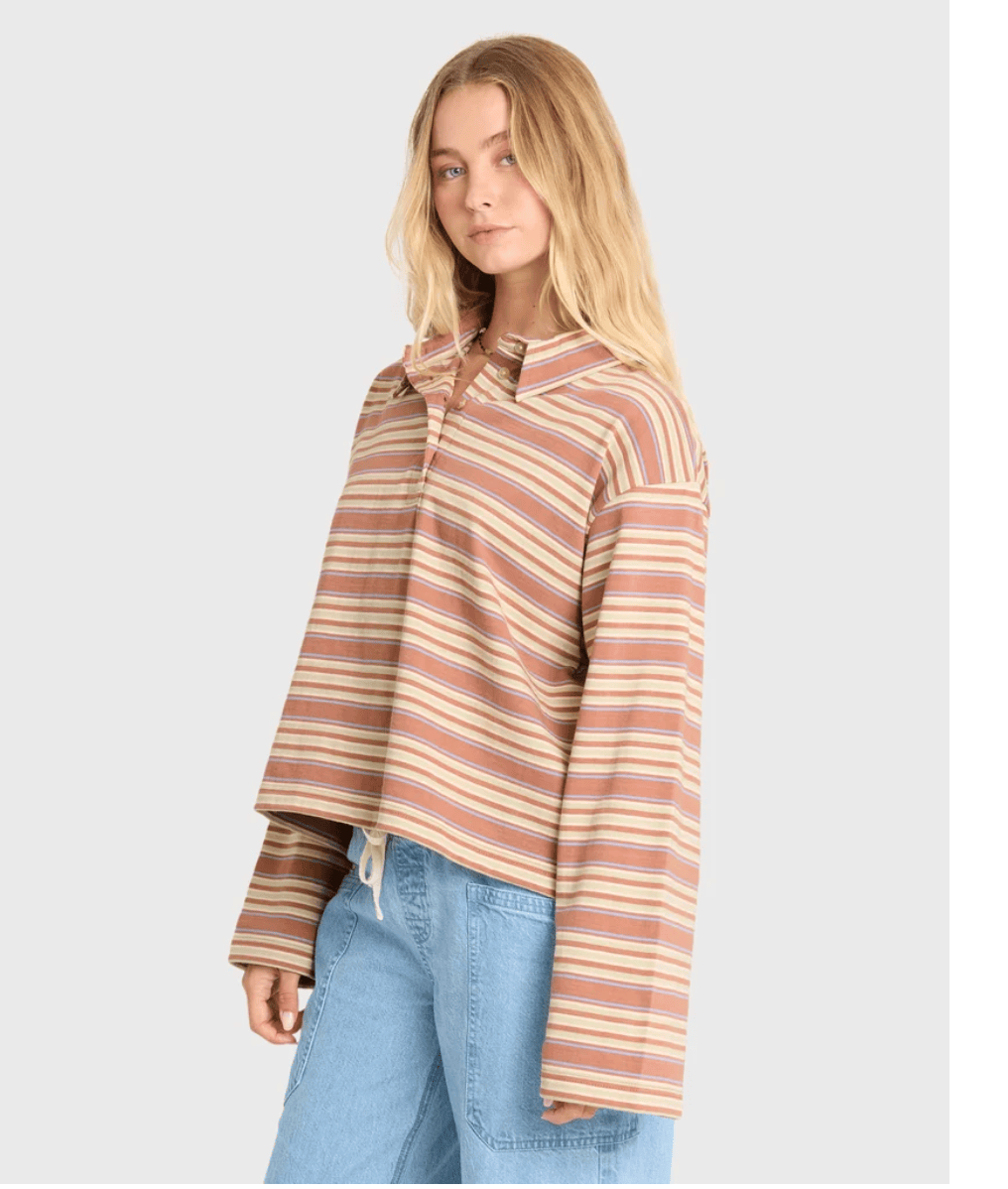 Billabong Women’s Apparel > Tops Billabong Women's Sugar Stripe Ls Polo Sugar Almond