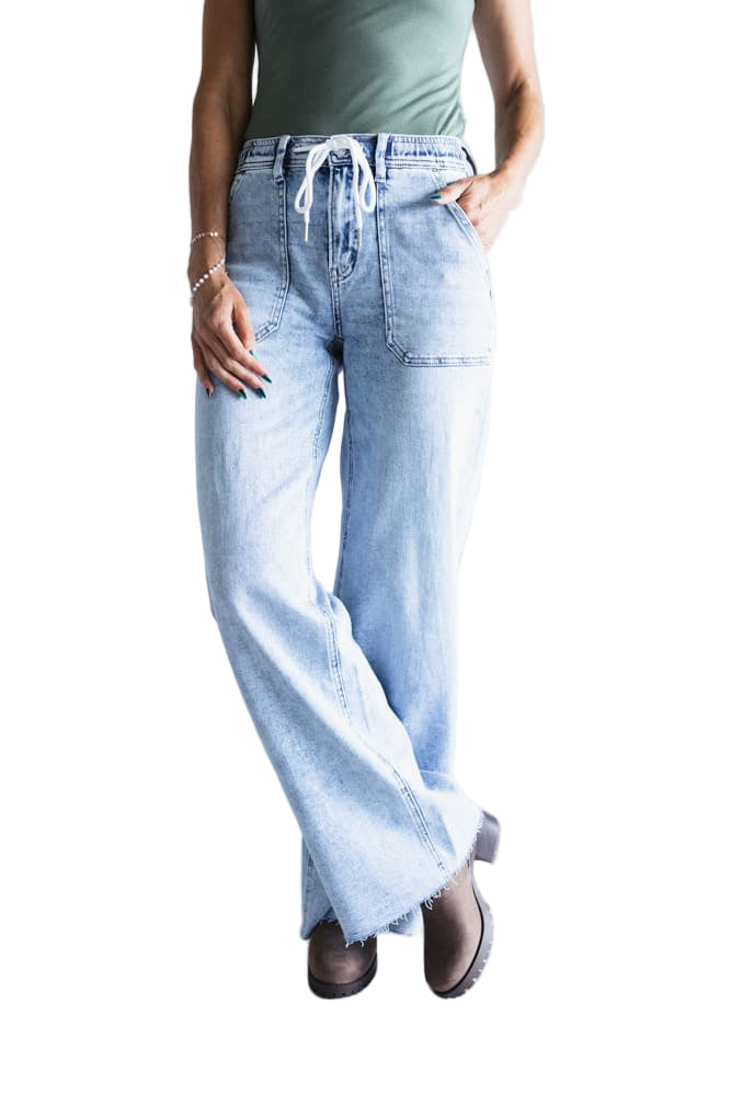 Flying Monkey Women's High Rise Drawstring Wide Leg Jeans Clearly