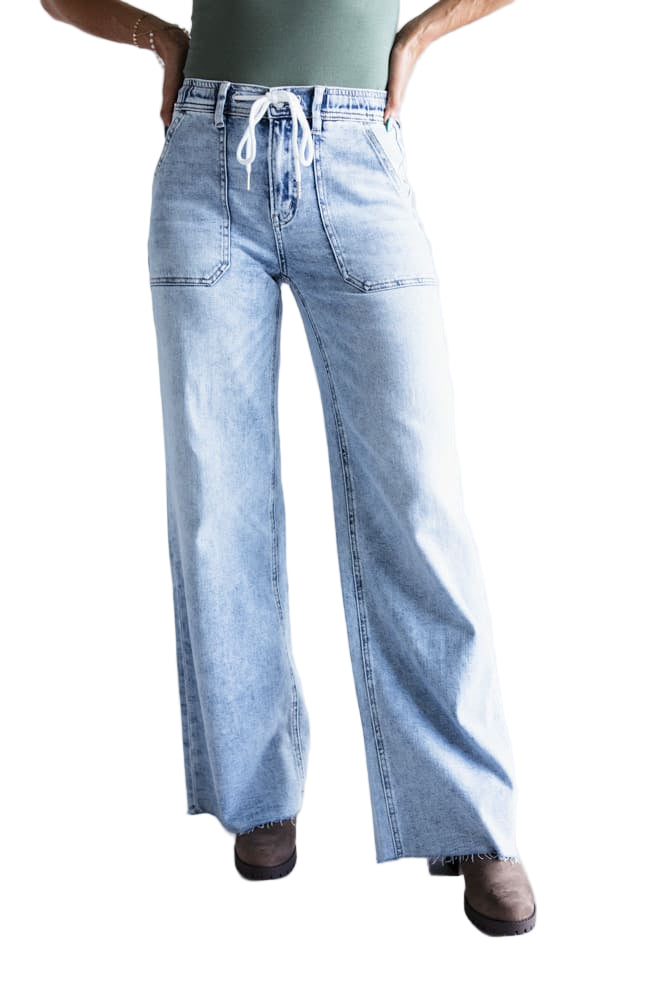 Flying Monkey Women's High Rise Drawstring Wide Leg Jeans Clearly