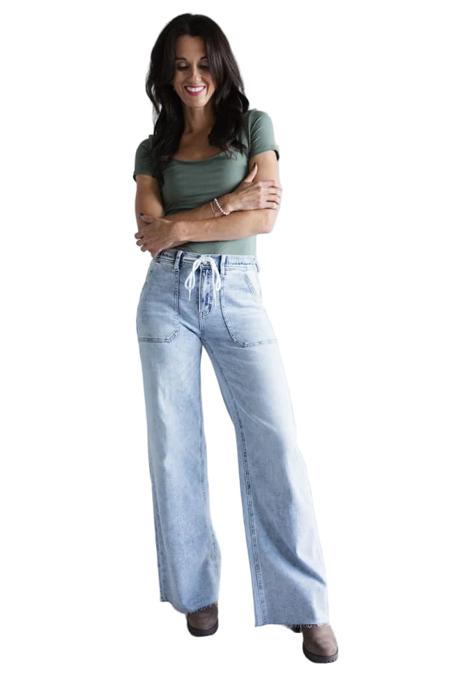 Flying Monkey Women's High Rise Drawstring Wide Leg Jeans Clearly