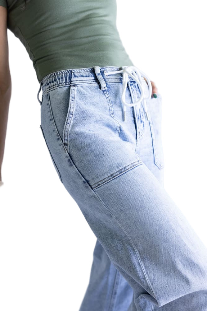 Flying Monkey Women's High Rise Drawstring Wide Leg Jeans Clearly