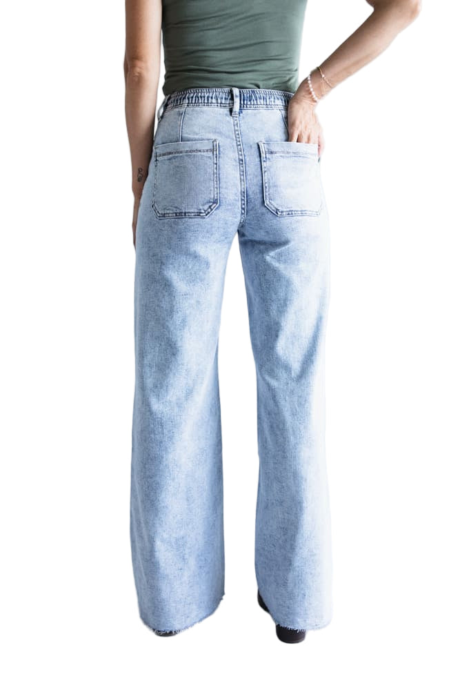 Flying Monkey Women's High Rise Drawstring Wide Leg Jeans Clearly