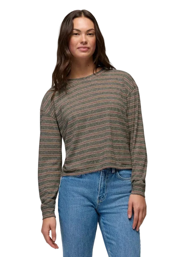 Prana Women's Cozy Up Ls Crew Cacao Stripe