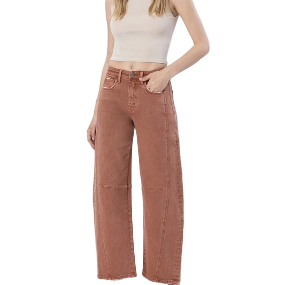 Flying Monkey Women's High Rise Twist Ankle Barrel Jean Copper