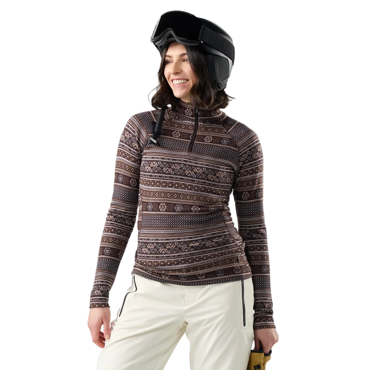 Smartwool Women'S Classic Thermal Merino Base Layer 1/4 Zip Mocha Fair Isle Fun