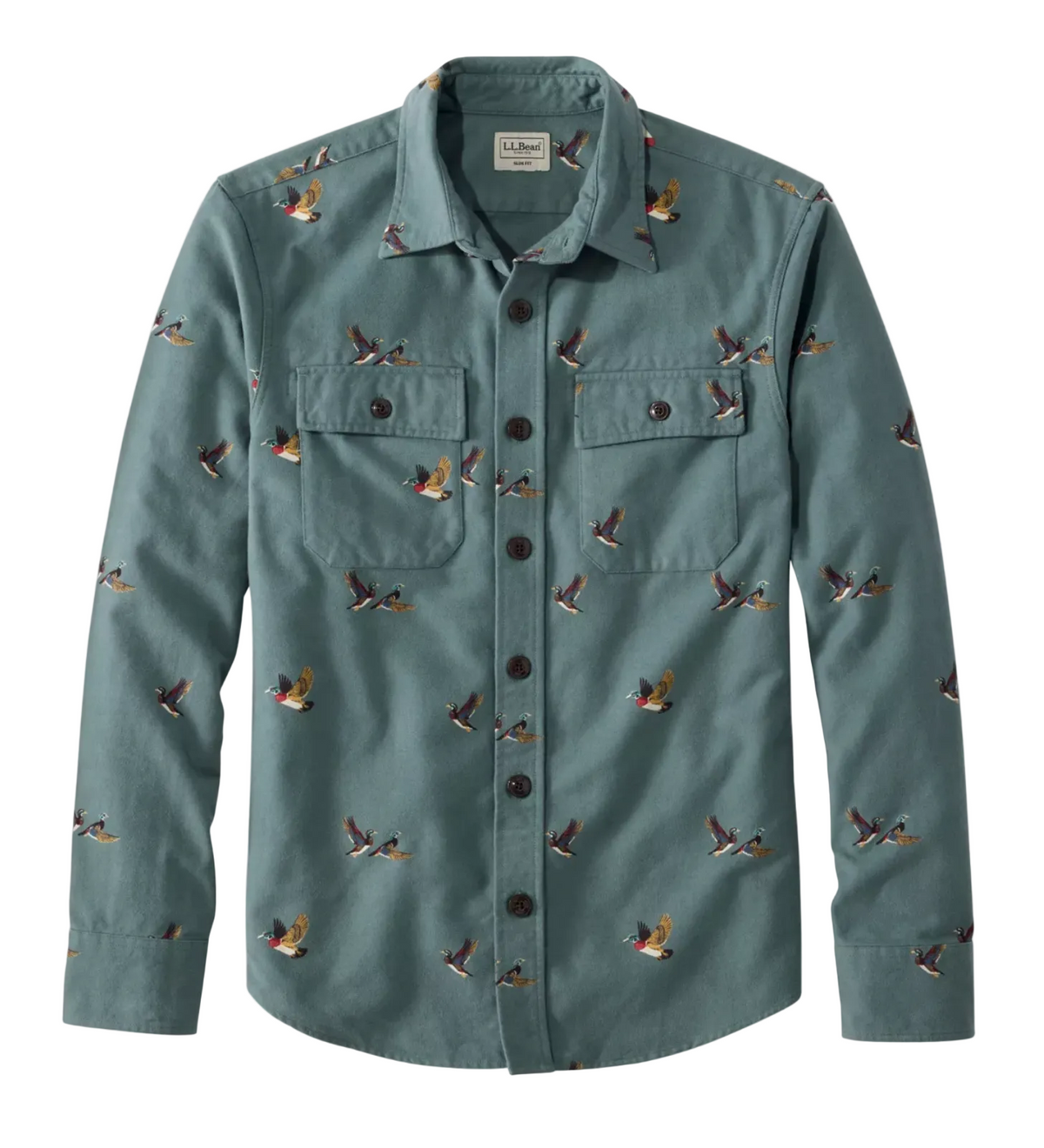 L.L. Bean 1933 Chamois Cloth Shirt Slim Fit Print Men'S Regular Forest Gray Flying Ducks