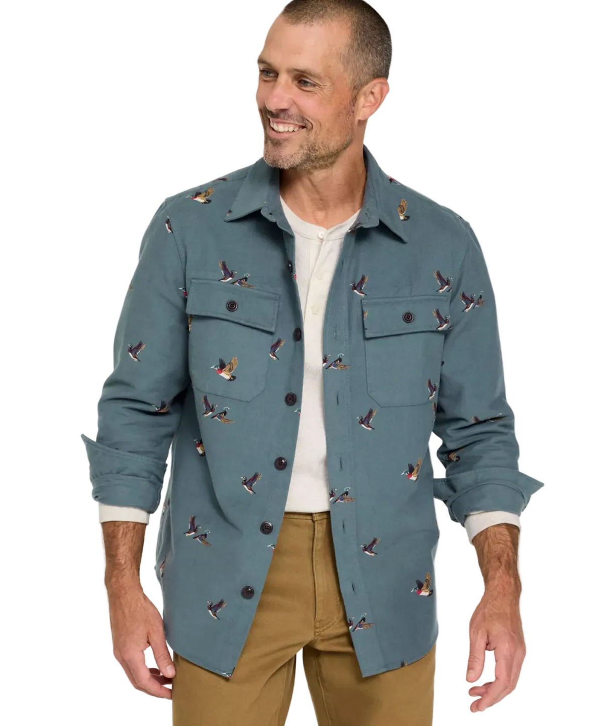 L.L. Bean 1933 Chamois Cloth Shirt Slim Fit Print Men'S Regular Forest Gray Flying Ducks