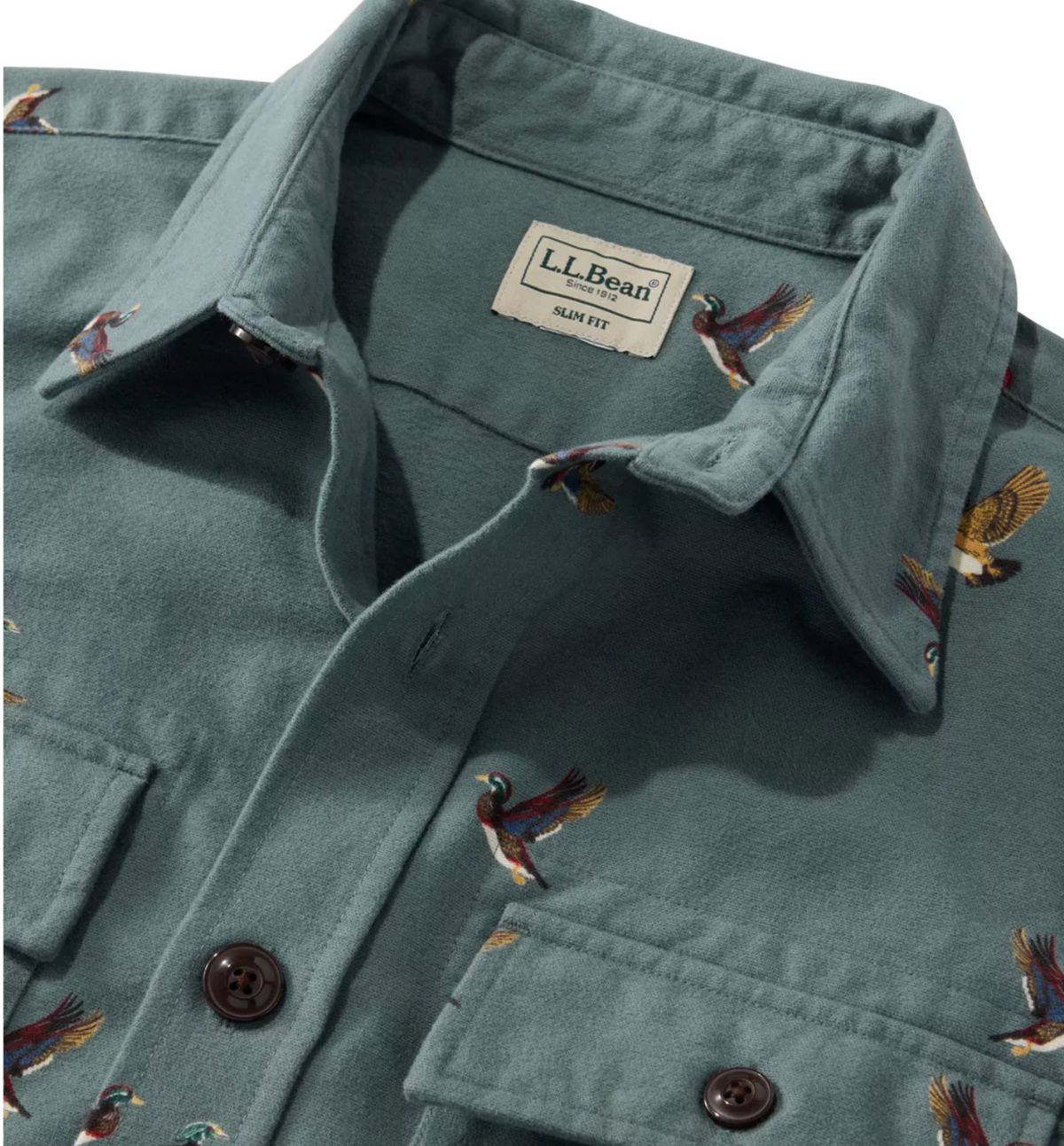 L.L. Bean 1933 Chamois Cloth Shirt Slim Fit Print Men'S Regular Forest Gray Flying Ducks