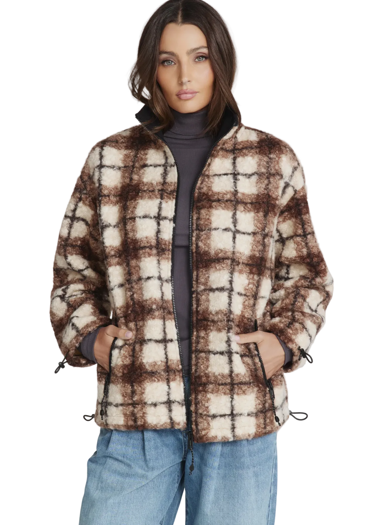 7 Diamonds Women's Naya Plaid Sherpa Jacket Light Taupe