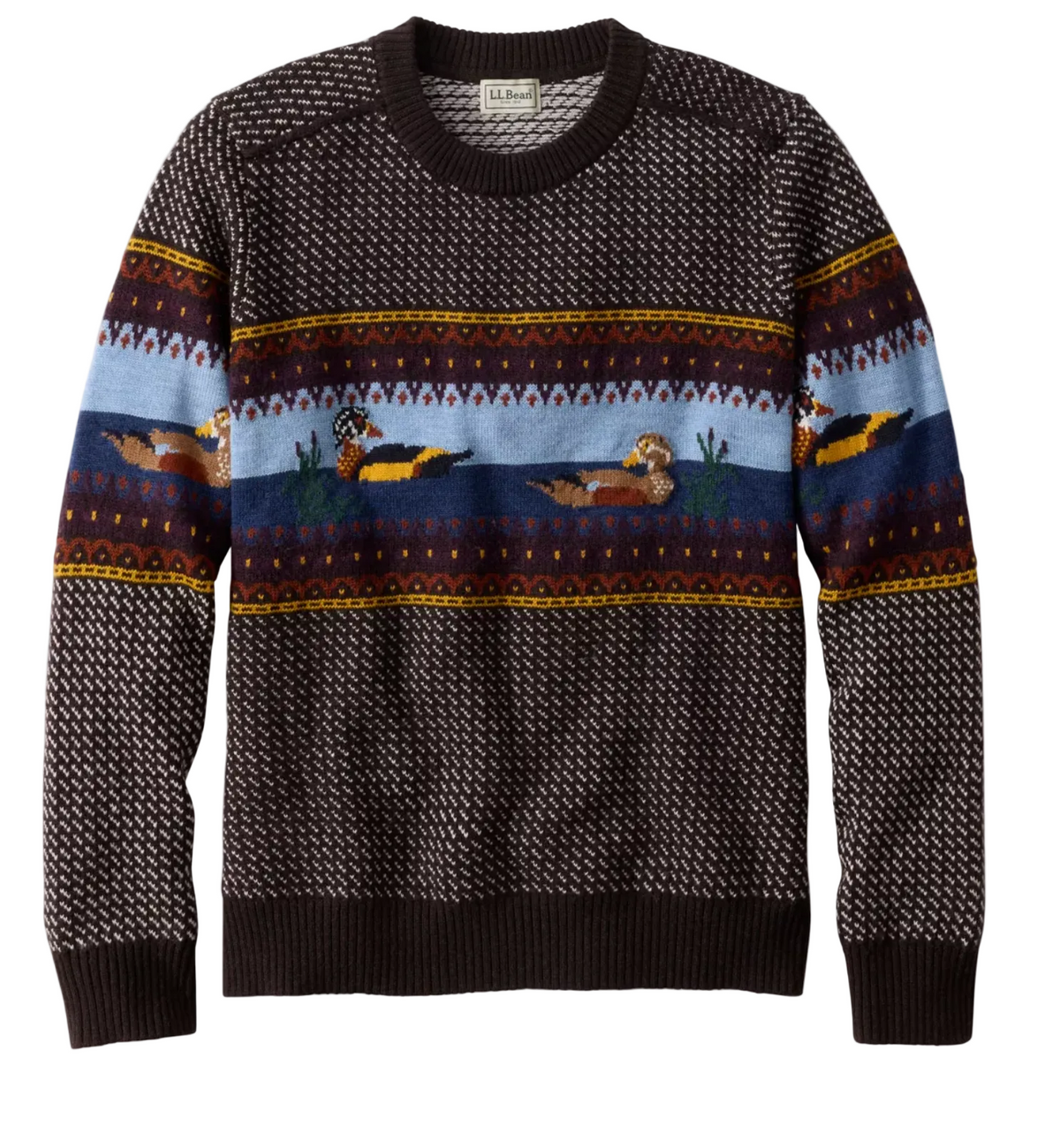 L.L. Bean Essential Merino Crewneck Sweater Pattern Men'S Regular Deepest Brown Fair Isle