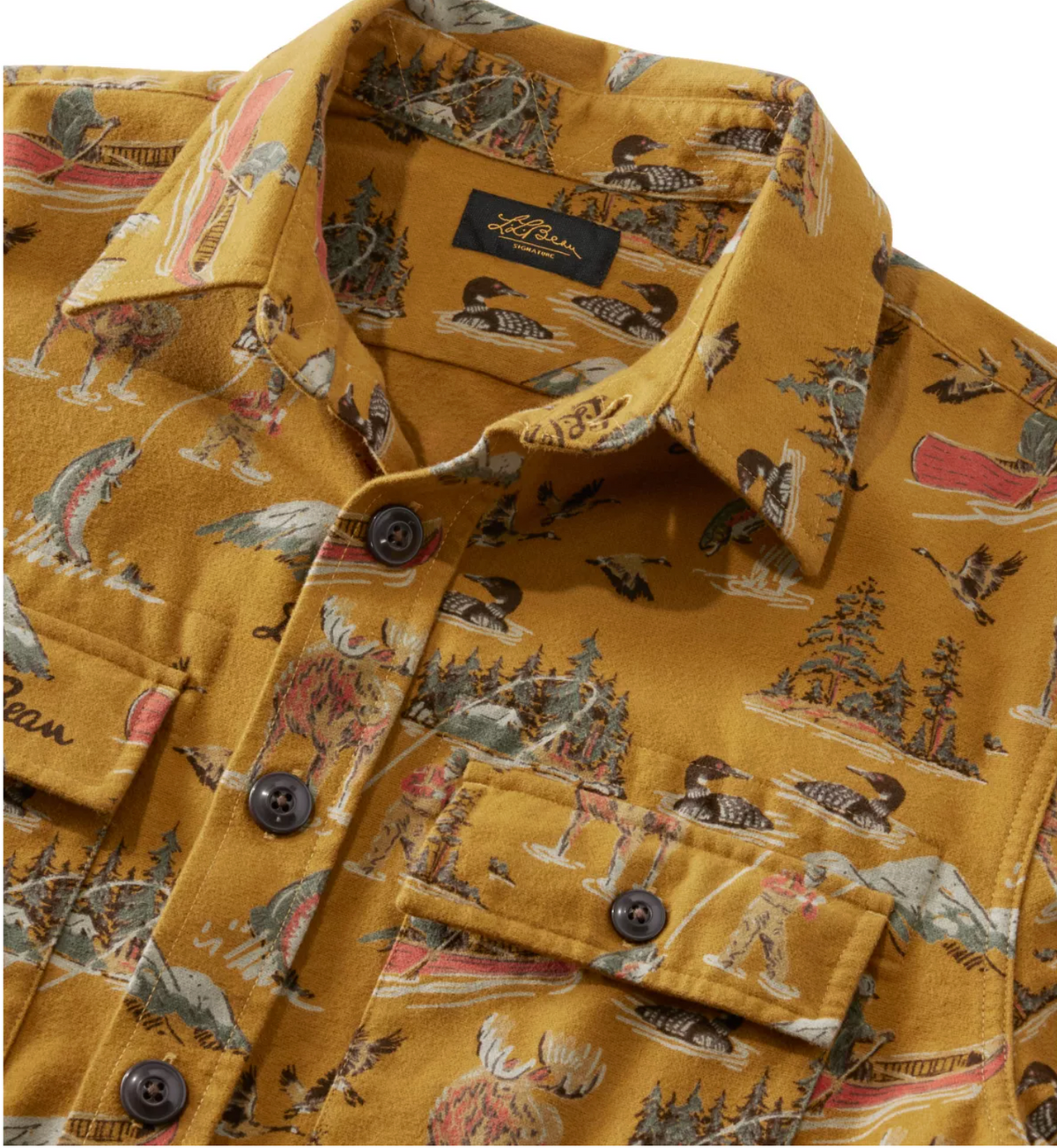 L.L. Bean 1933 Chamois Cloth Shirt Slim Fit Print Men'S Regular Brassy Olive Scenic