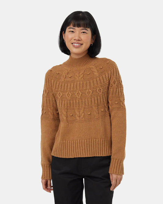 Tentree Women's Highline Pom Mock Neck Sweater Camel Heather