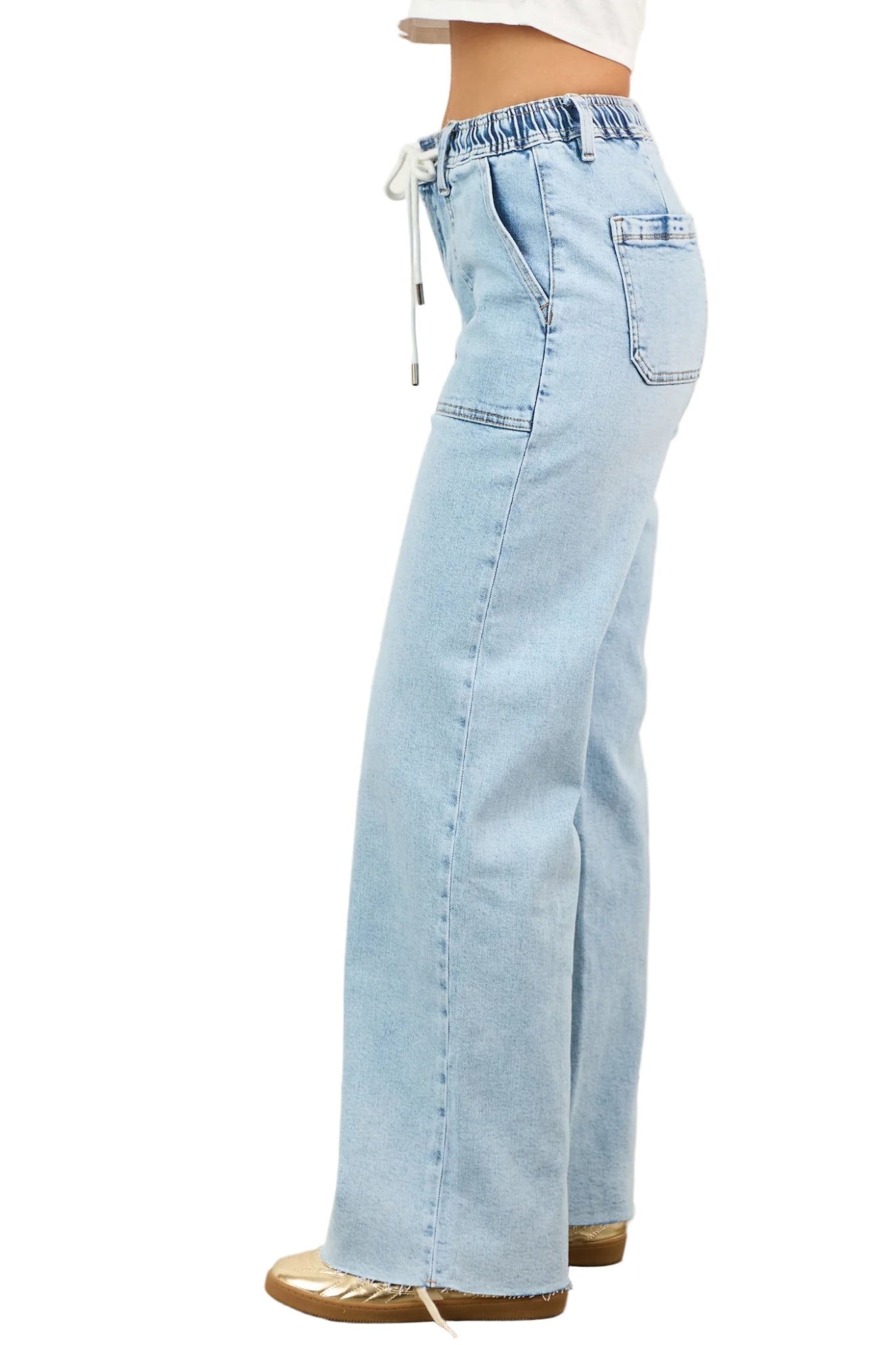 Flying Monkey Women's High Rise Drawstring Wide Leg Jeans Clearly