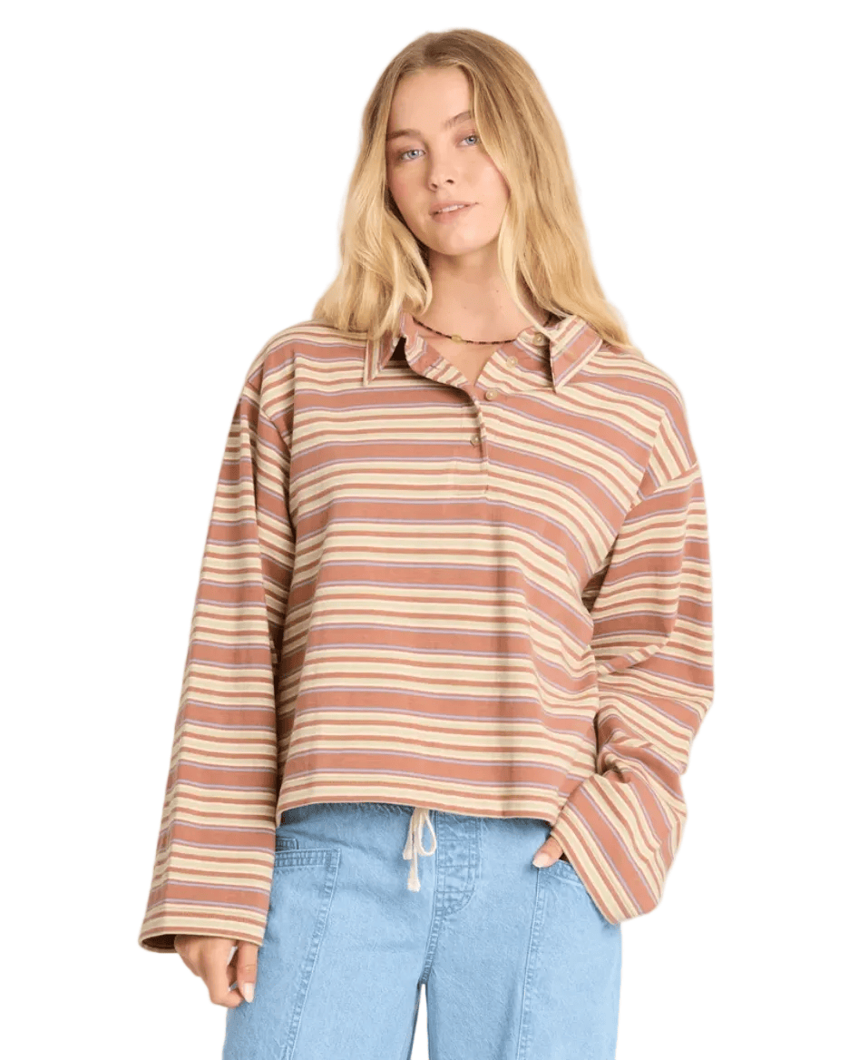 Billabong Women’s Apparel > Tops Billabong Women's Sugar Stripe Ls Polo Sugar Almond