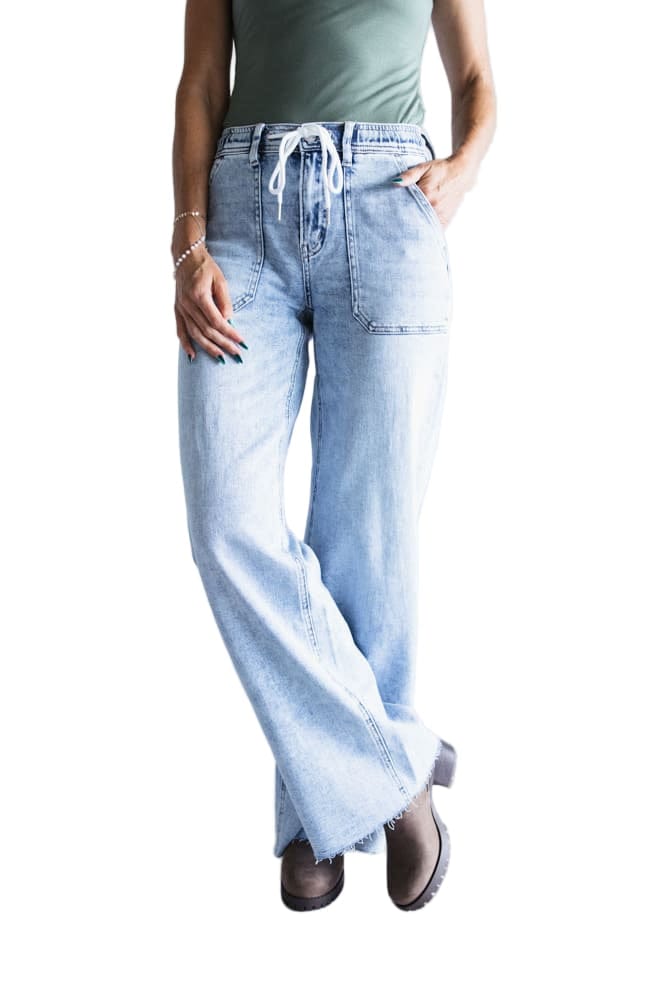 Flying Monkey 188 Flying Monkey Women's High Rise Drawstring Wide Leg Jeans Clearly