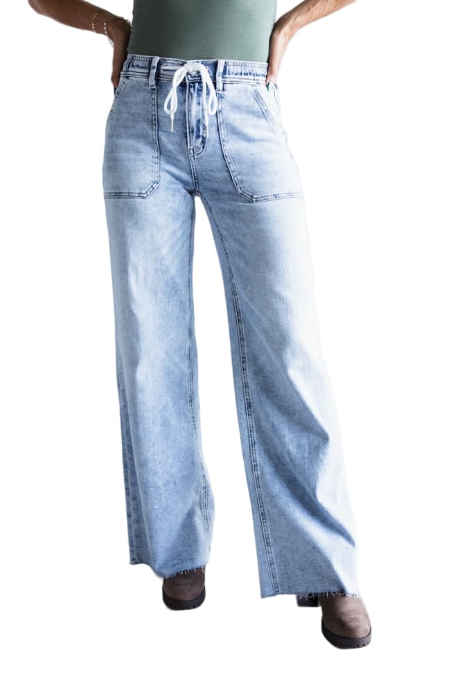 Flying Monkey 188 Flying Monkey Women's High Rise Drawstring Wide Leg Jeans Clearly
