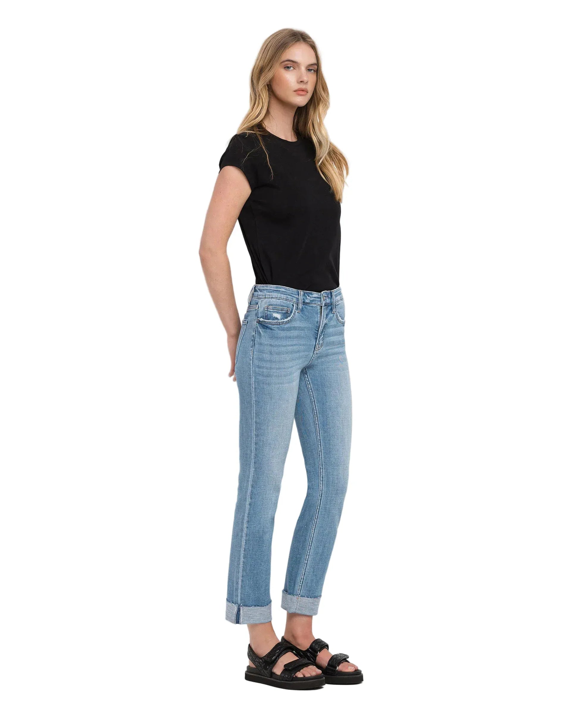 Flying Monkey 188 Flying Monkey Women's Mid Rise Single Cuffed Crop Slim Straight Jean