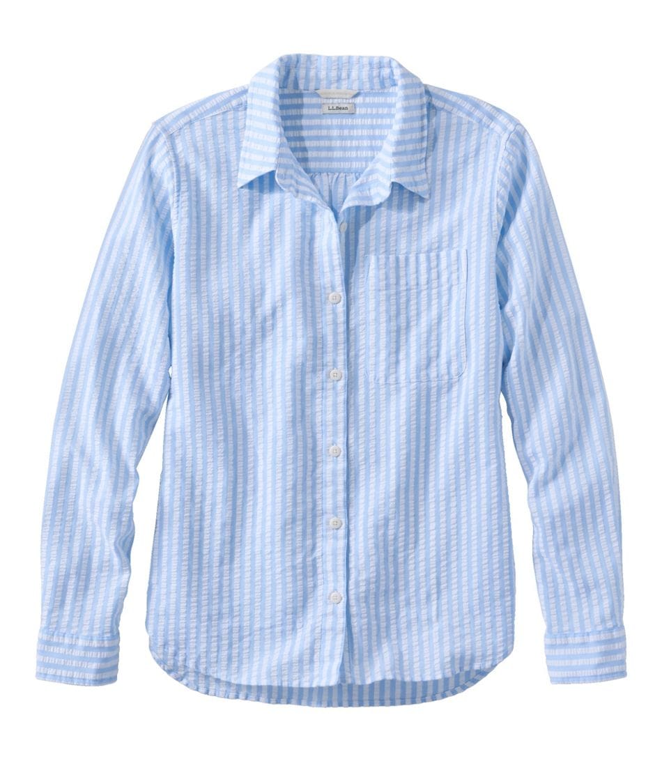 L.L. Bean 181 L.L. Bean Women's Bean's Seacoast Seersucker Big Shirt  Brightwater Blue Stripe
