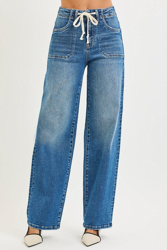 Risen Women’s Apparel > Denim Risen Jeans High Rise Wide Baggy Jeans with Tie Detail